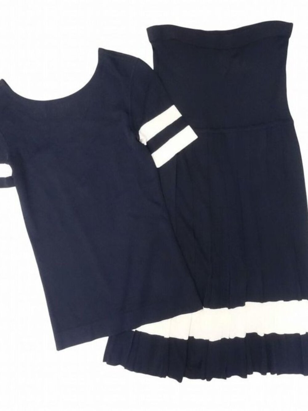 Chanel Vintage 30734 Bicolor Knit Set Suit Short Sleeve Top Pleated Skirt Navy